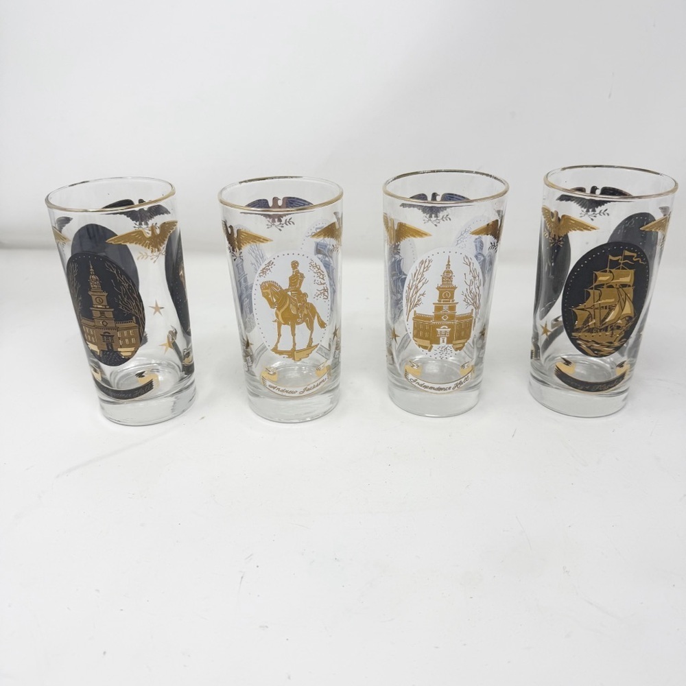 Vtg LIBBEY Set Of 4 Independence Hall Black White Gold Highball Glasses MCM USA